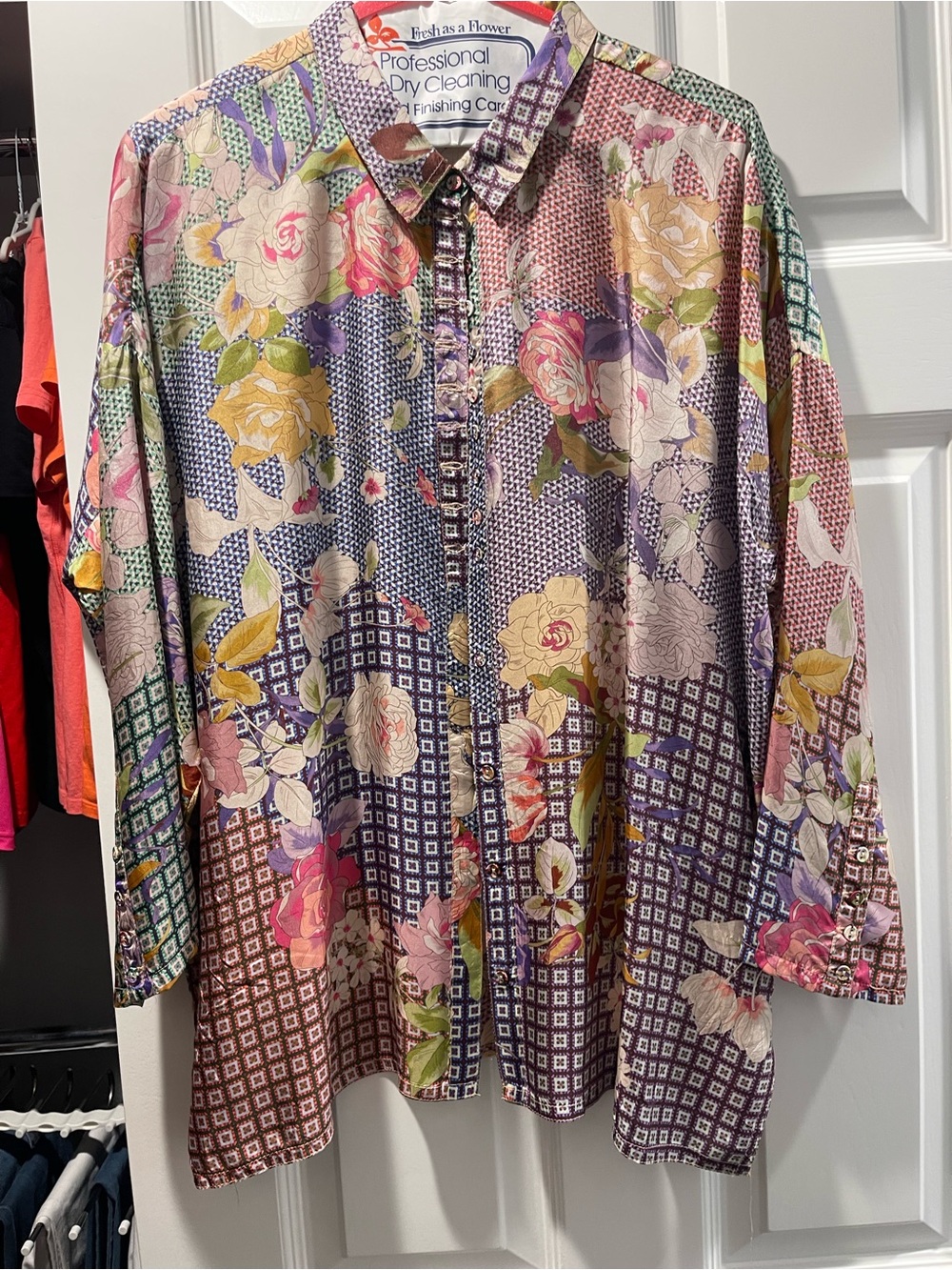 Johnny Was Multicolor Floral Patchwork Blouse in Purple, Pink, Yellow, Green
